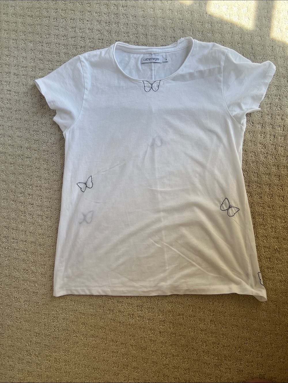 Catherinegee white TShirt with embroidered butterflies. Size M